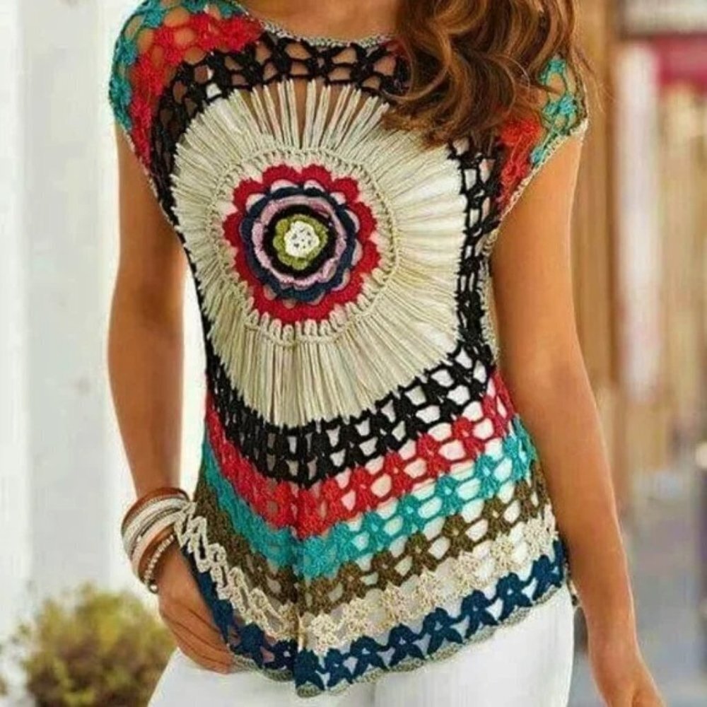🌞 NWOT Boston Proper Multi-color Crochet Medallion Short-Sleeves Sweater